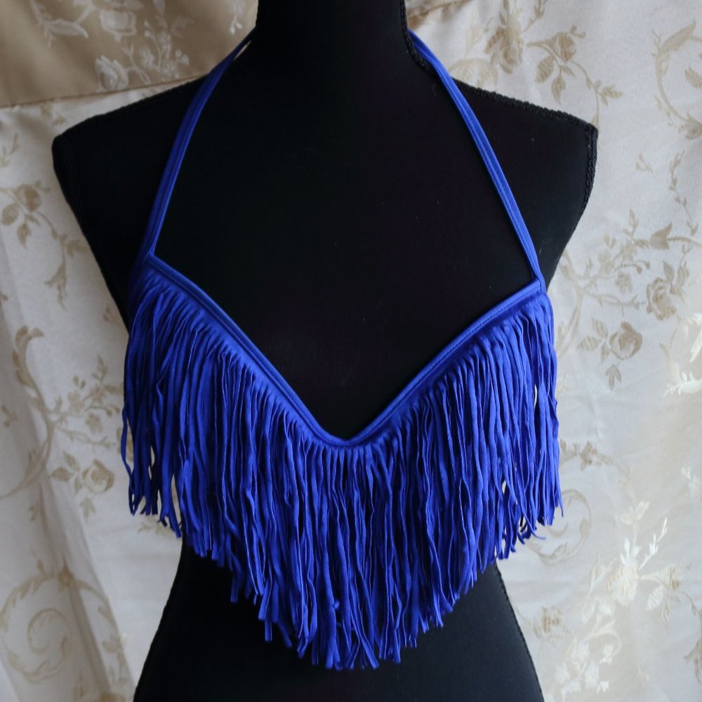 Luli Fama Blue Fringe Swim Halter Bikini Top M - Picture 3 of 11